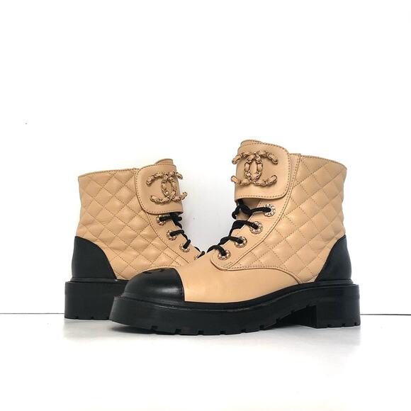 Chanel Quilted CC Chain Brave Lambskin Calfskin Cap Toe Combat Short Boots 37 - Picture 3 of 12